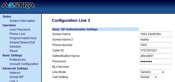 User account settings web form on Aastra 6731i