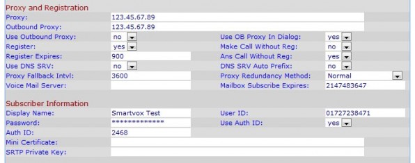 User account settings web form on Linksys SPA3102