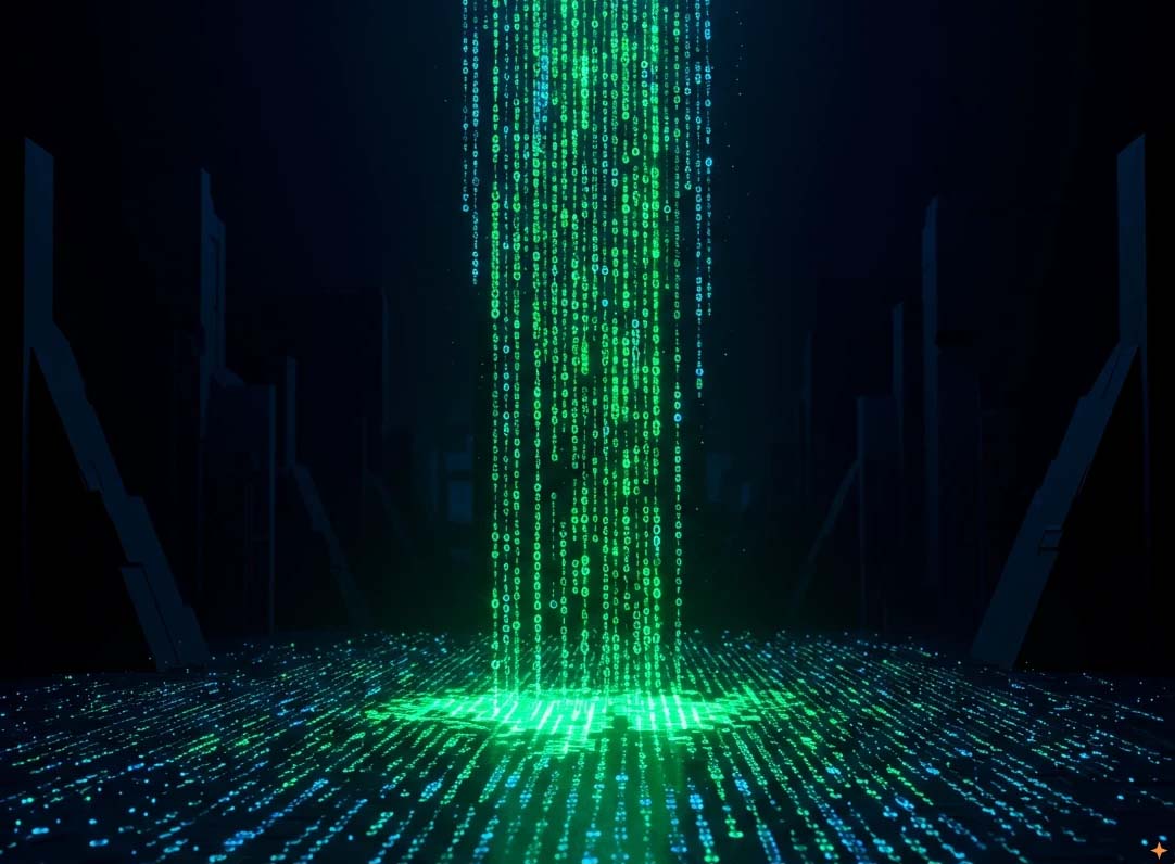 Abstract image. Almost like a waterfall, a stream of green binary data (matrix-like) falls from top centre onto a flat surface below where it is reordered into parallel stripes of different coloured data. Very dark background