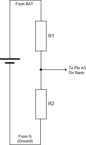 Shows a potential divider circuit with two resistors in series - R1 at the top and R2 at the bottom. Top of R1 connects to battery positive; bottom of R2 connects to battery negative (also ground) and the mid point in the divider chain connects to pin A3 on the Nano