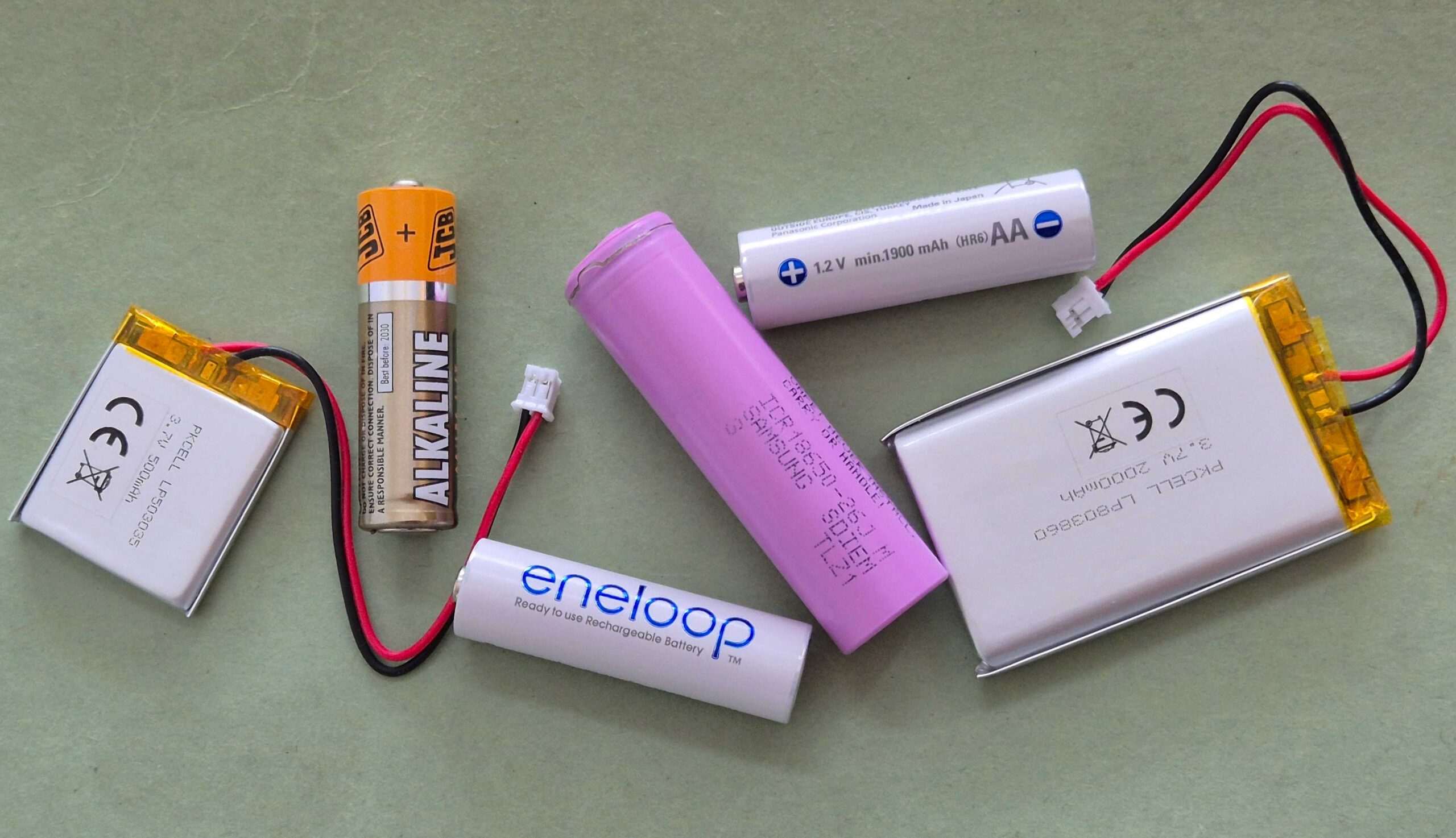 A selection of different batteries, mostly rechargeable